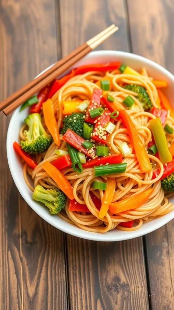 A colorful vegetable noodles stir fry with bell peppers, carrots, and broccoli, garnished with green onions and sesame seeds.